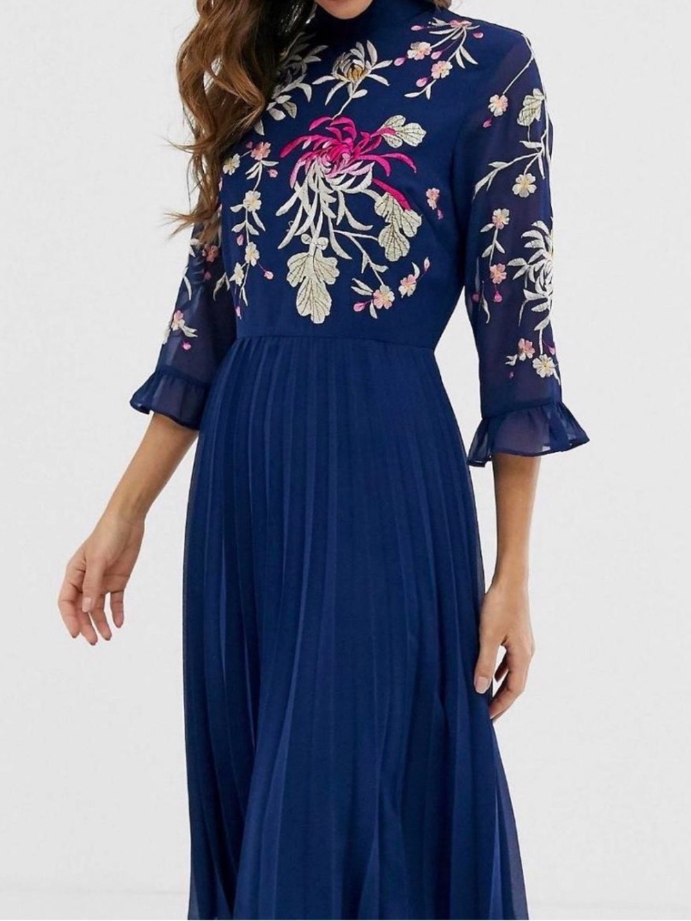 ASOS Embroidered Pleated Midi Dress Womens 10 Navy Floral Sheer Sleeve